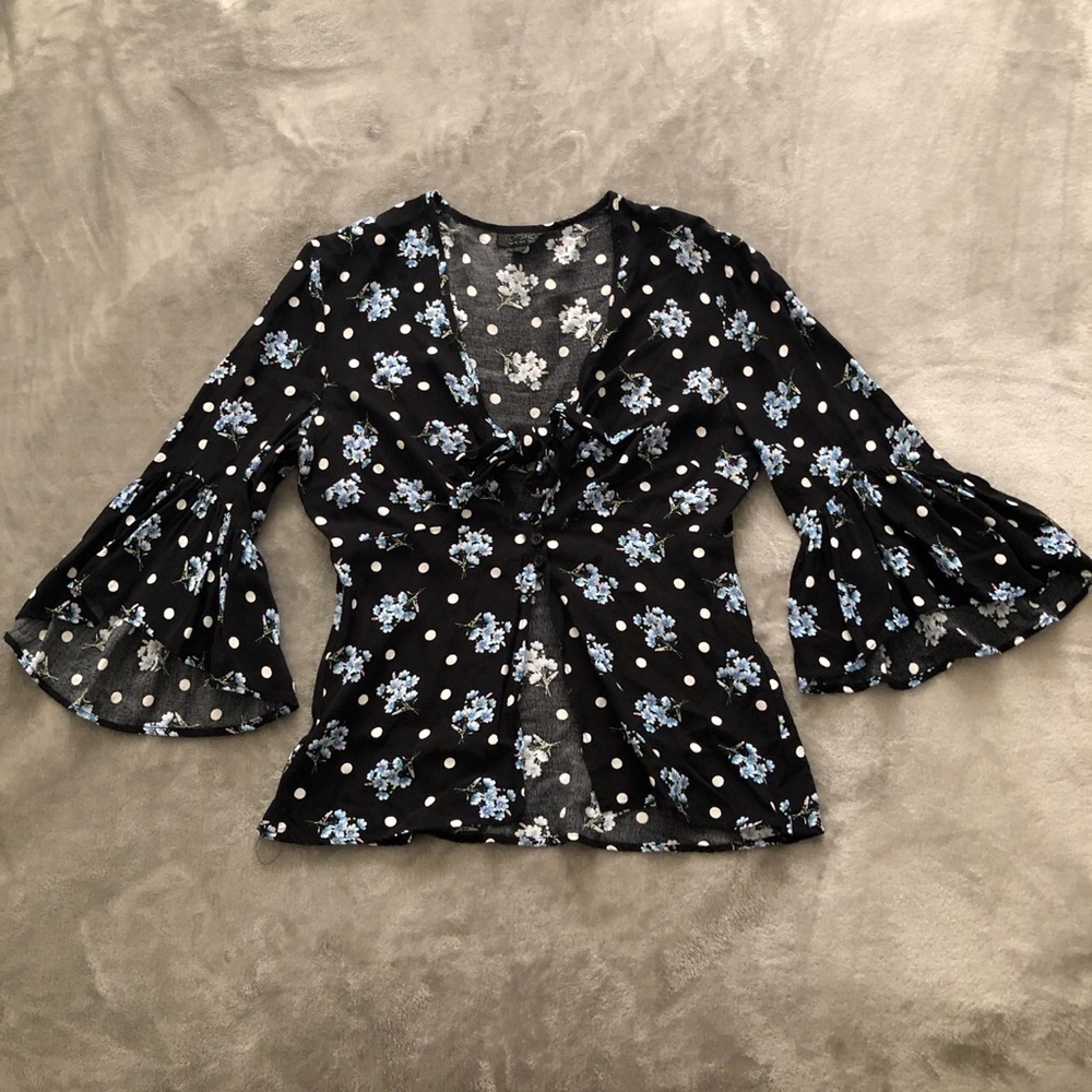 Top shop Floral flare sleeve front tie top